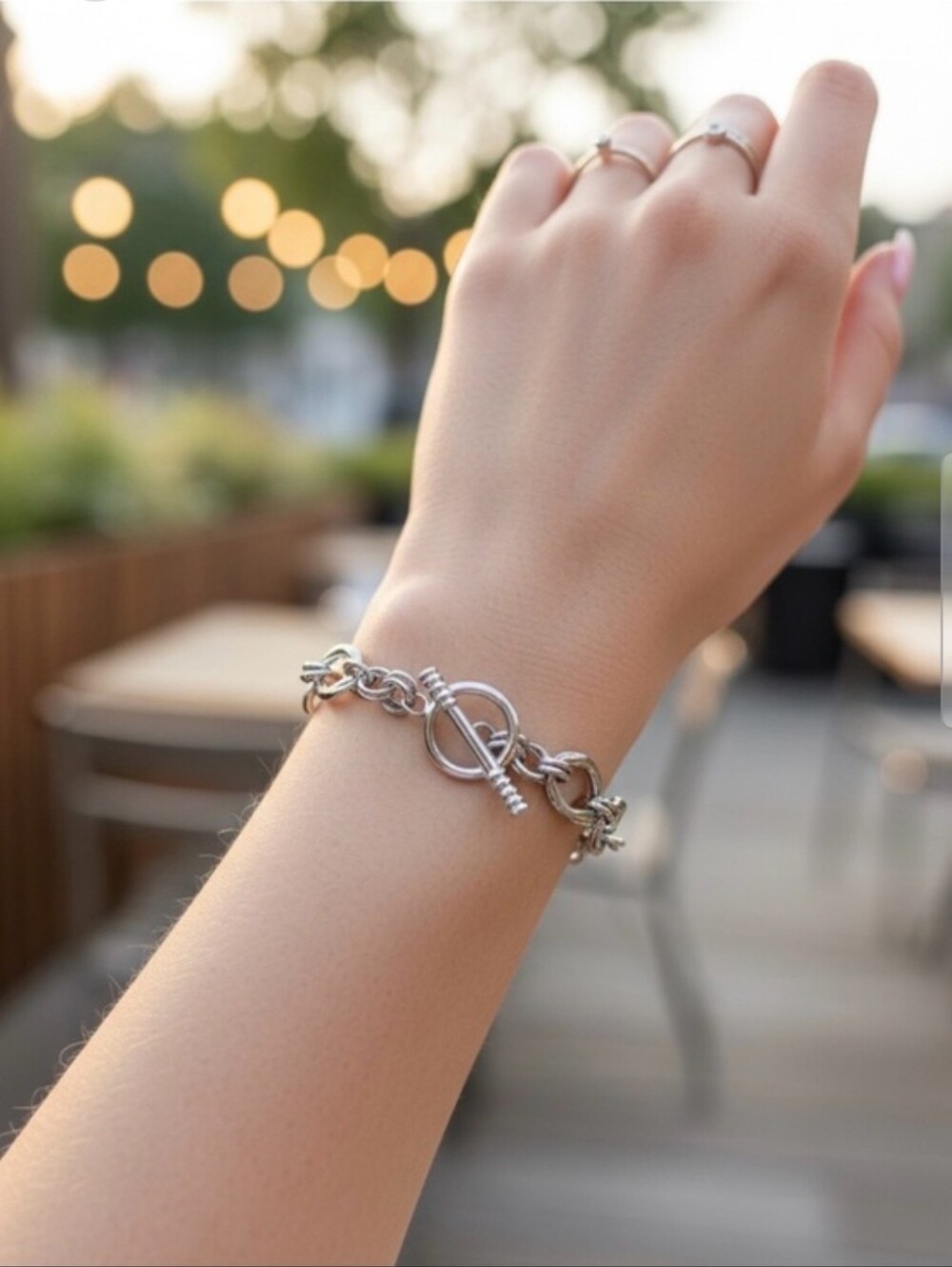 Chunky Silver-tone Curved Links Bracelet w/ T-Bar Toggle Closure - 7.5" ~ NWOT